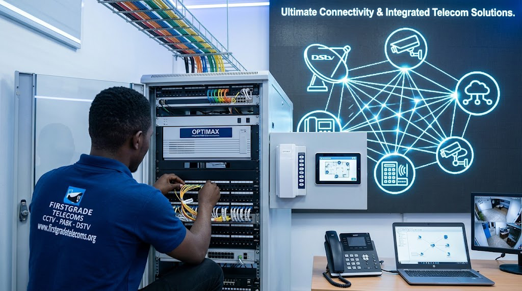 Firstgrade telecoms offers 5MP ColorVu cctv Cam installations, Optimax voice intercoms, and DSTV satellite setup in Lagos.
